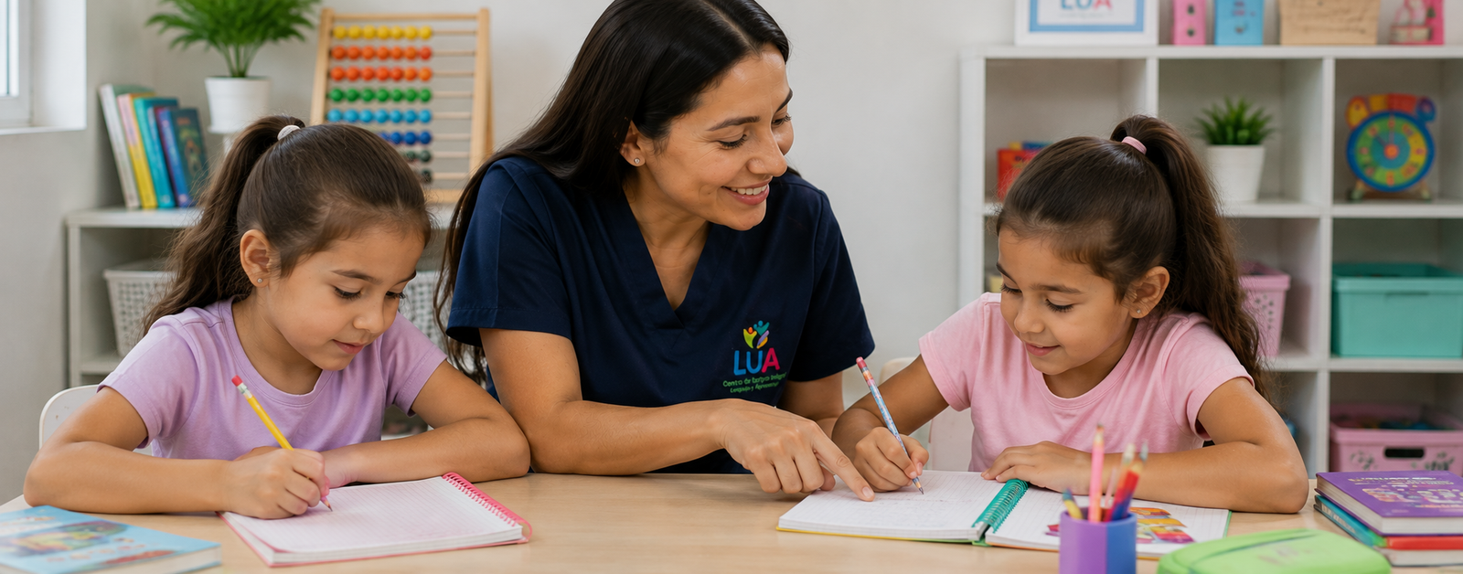 Terapeuta apoyando a dos niñas con actividades de escritura en las Sesiones de Aprendizaje de Centro LUA