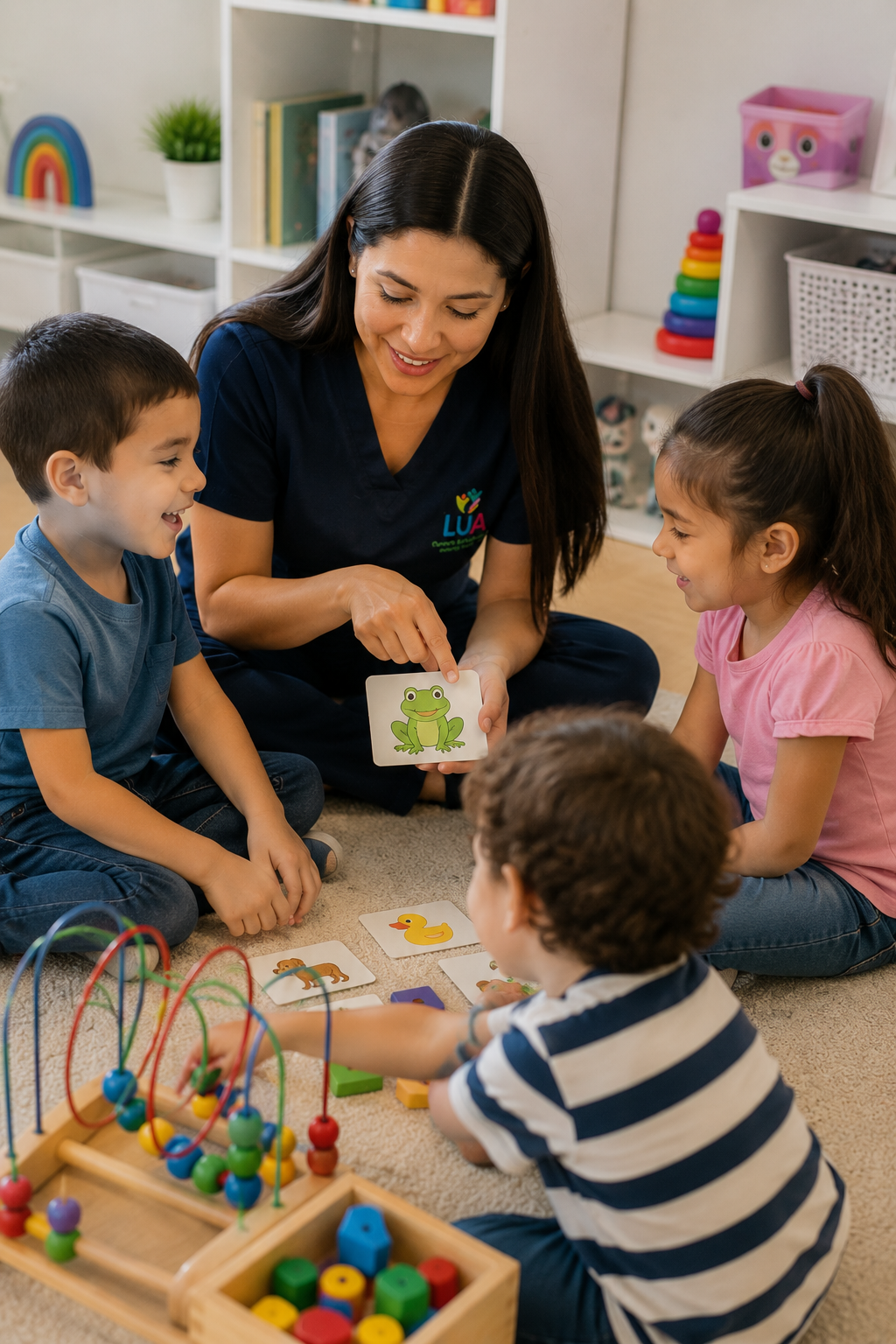 Terapeuta jugando con tarjetas de vocabulario junto a un grupo de niños en el Grupo de Estimulación Vespertino de Centro LUA