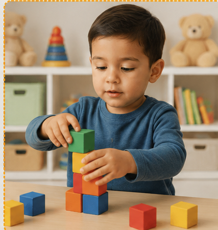 Niño apilando bloques de colores, señal de alerta de 2 a 3 años